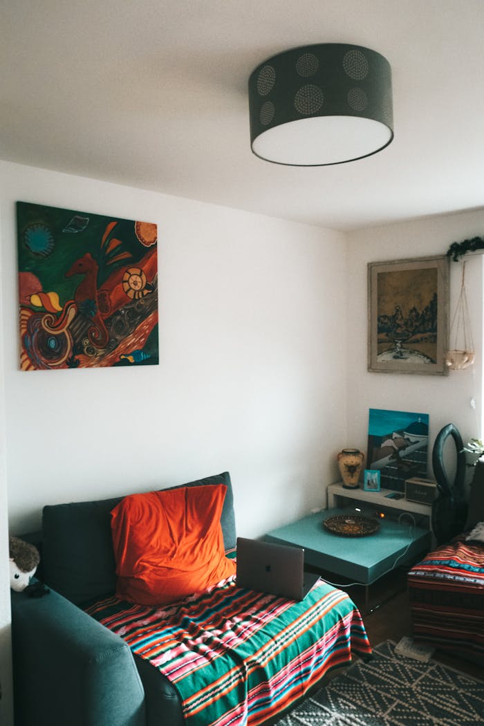 A cozy, colorful living room interior featuring art, sofa, and laptop.